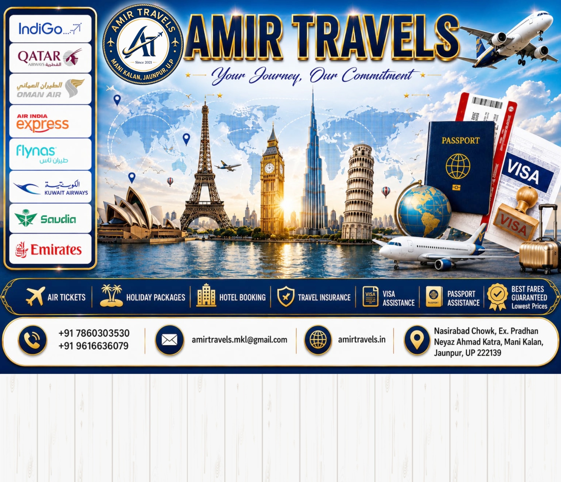 Amir Travels — Your Journey, Our Commitment. Air tickets, holiday packages, hotel booking, visa & passport assistance in Mani Kalan, Jaunpur.